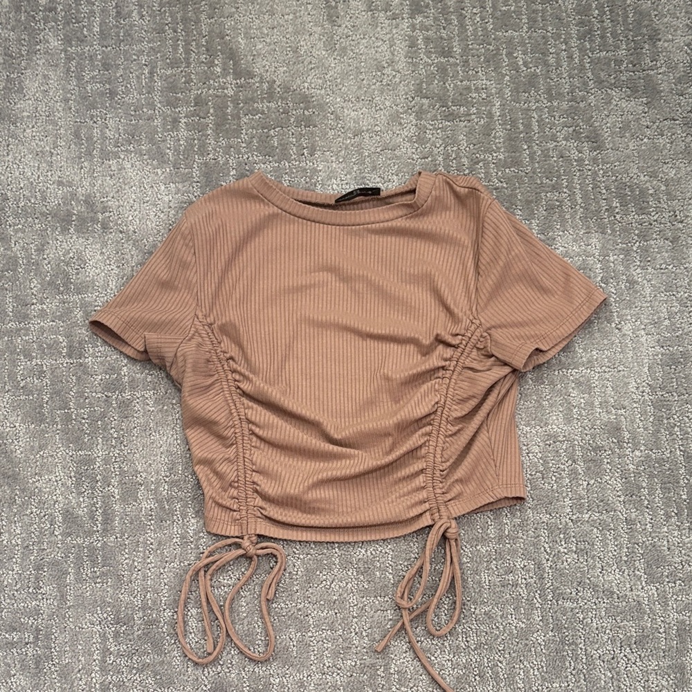 White Fox Boutique Ribbed Drawstring Crop Top - Taupe